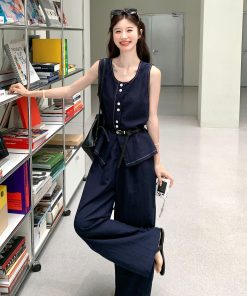 Korean Style Sleeveless Top and Wide-Leg Jeans Two-Piece Set for Women - 2025 Summer Retro Fashion Outfit