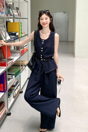 Korean Style Sleeveless Top and Wide-Leg Jeans Two-Piece Set for Women - 2025 Summer Retro Fashion Outfit