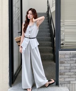 Korean Style Sleeveless Top and Wide-Leg Jeans Two-Piece Set for Women - 2025 Summer Retro Fashion Outfit