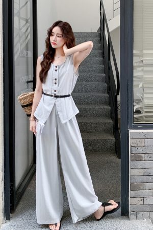 Korean Style Sleeveless Top and Wide-Leg Jeans Two-Piece Set for Women - 2025 Summer Retro Fashion Outfit