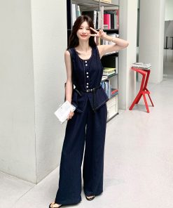 Korean Style Sleeveless Top and Wide-Leg Jeans Two-Piece Set for Women - 2025 Summer Retro Fashion Outfit