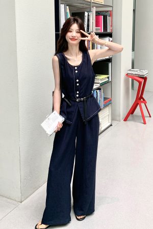 Korean Style Sleeveless Top and Wide-Leg Jeans Two-Piece Set for Women - 2025 Summer Retro Fashion Outfit