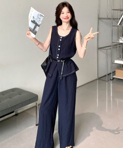 Korean Style Sleeveless Top and Wide-Leg Jeans Two-Piece Set for Women - 2025 Summer Retro Fashion Outfit