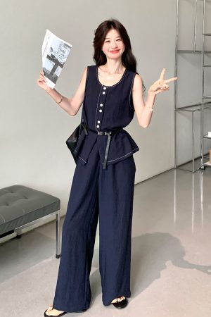 Korean Style Sleeveless Top and Wide-Leg Jeans Two-Piece Set for Women - 2025 Summer Retro Fashion Outfit