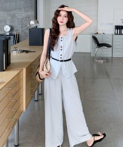 Korean Style Sleeveless Top and Wide-Leg Jeans Two-Piece Set for Women - 2025 Summer Retro Fashion Outfit