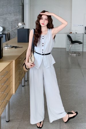 Korean Style Sleeveless Top and Wide-Leg Jeans Two-Piece Set for Women - 2025 Summer Retro Fashion Outfit