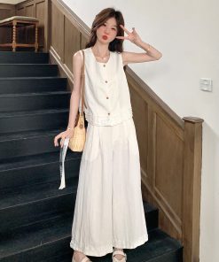 Korean Style Sleeveless Top and Wide-Leg Pants Two-Piece Set for Women - Summer 2025 Fashion, Versatile Loose-Fitting Outfit