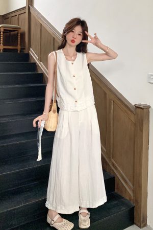 Korean Style Sleeveless Top and Wide-Leg Pants Two-Piece Set for Women - Summer 2025 Fashion, Versatile Loose-Fitting Outfit