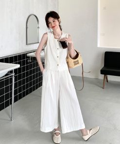 Korean Style Sleeveless Top and Wide-Leg Pants Two-Piece Set for Women - Summer 2025 Fashion, Versatile Loose-Fitting Outfit