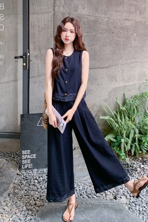 Korean Style Sleeveless Top and Wide-Leg Pants Two-Piece Set for Women - Summer 2025 Fashion, Versatile Loose-Fitting Outfit