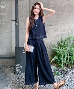 Korean Style Sleeveless Top and Wide-Leg Pants Two-Piece Set for Women - Summer 2025 Fashion, Versatile Loose-Fitting Outfit