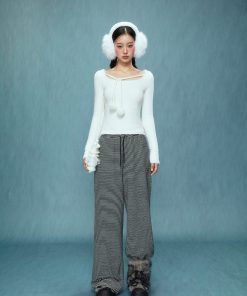 Korean Style Slim-Fit Tie-Up Plush T-Shirt for Women - Short Sleeve, Autumn/Winter 2025 Fashion Top