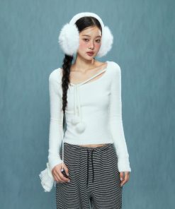 Korean Style Slim-Fit Tie-Up Plush T-Shirt for Women - Short Sleeve, Autumn/Winter 2025 Fashion Top