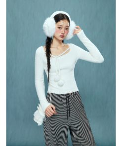 Korean Style Slim-Fit Tie-Up Plush T-Shirt for Women - Short Sleeve, Autumn/Winter 2025 Fashion Top