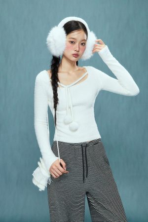 Korean Style Slim-Fit Tie-Up Plush T-Shirt for Women - Short Sleeve, Autumn/Winter 2025 Fashion Top