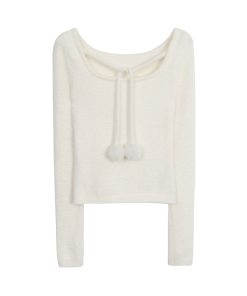 Korean Style Slim-Fit Tie-Up Plush T-Shirt for Women - Short Sleeve, Autumn/Winter 2025 Fashion Top