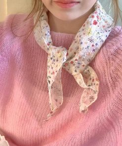 Korean-Style Small Floral Sheer Silk Scarf for Women - Versatile Floral Neck Accessory for Spring and Summer, Perfect for Hair Tying.