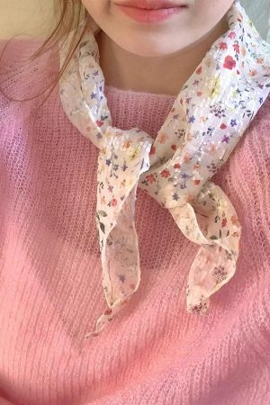 Korean-Style Small Floral Sheer Silk Scarf for Women - Versatile Floral Neck Accessory for Spring and Summer, Perfect for Hair Tying.