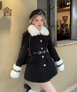 Korean-Style Soft Long Woolen Coat with Fur Collar and Waist Definition for Winter Fashion