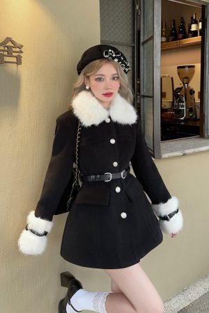 Korean-Style Soft Long Woolen Coat with Fur Collar and Waist Definition for Winter Fashion