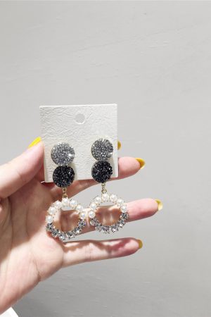 Korean Style Sparkling Full Diamond Five-Pointed Star Earrings with Artificial Pearls and S925 Silver Needle for a Sweet Temperament