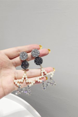 Korean Style Sparkling Full Diamond Five-Pointed Star Earrings with Artificial Pearls and S925 Silver Needle for a Sweet Temperament