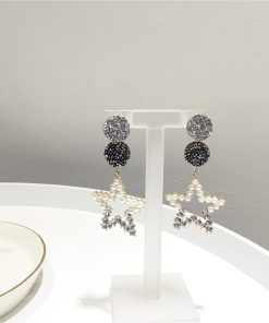 Korean Style Sparkling Full Diamond Five-Pointed Star Earrings with Artificial Pearls and S925 Silver Needle for a Sweet Temperament