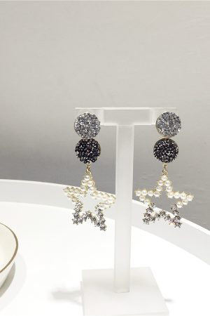 Korean Style Sparkling Full Diamond Five-Pointed Star Earrings with Artificial Pearls and S925 Silver Needle for a Sweet Temperament