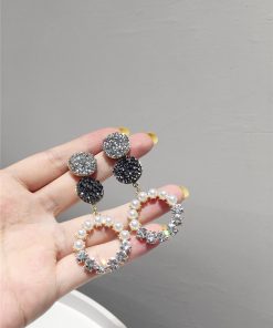 Korean Style Sparkling Full Diamond Five-Pointed Star Earrings with Artificial Pearls and S925 Silver Needle for a Sweet Temperament