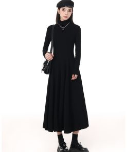Korean-Style Spring Dress 2025 Solid Color High-Neck Waist-Cinching Slim A-Line Fleece Long Skirt for Layering