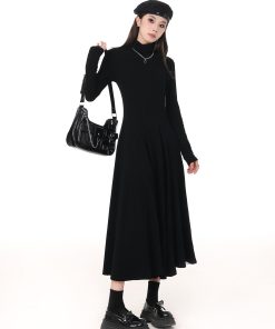 Korean-Style Spring Dress 2025 Solid Color High-Neck Waist-Cinching Slim A-Line Fleece Long Skirt for Layering