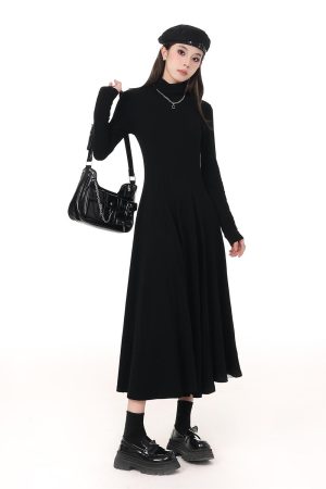 Korean-Style Spring Dress 2025 Solid Color High-Neck Waist-Cinching Slim A-Line Fleece Long Skirt for Layering
