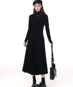 Korean-Style Spring Dress 2025 Solid Color High-Neck Waist-Cinching Slim A-Line Fleece Long Skirt for Layering