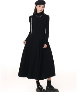 Korean-Style Spring Dress 2025 Solid Color High-Neck Waist-Cinching Slim A-Line Fleece Long Skirt for Layering