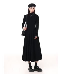 Korean-Style Spring Dress 2025 Solid Color High-Neck Waist-Cinching Slim A-Line Fleece Long Skirt for Layering