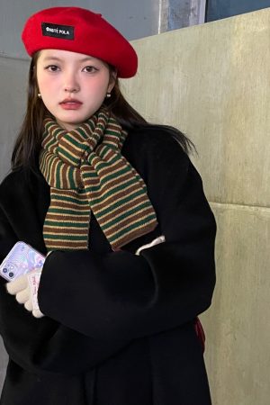Korean-Style Striped Knitted Wool Scarf for Winter 2025 - Versatile Fashionable Neck Warmer in College Style