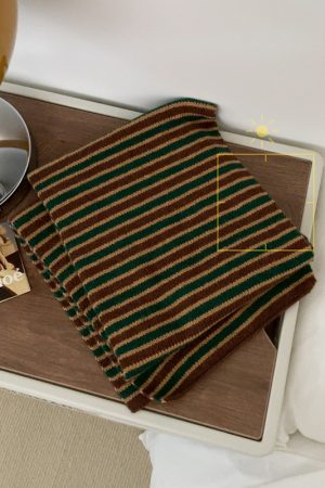 Korean-Style Striped Knitted Wool Scarf for Winter 2025 - Versatile Fashionable Neck Warmer in College Style