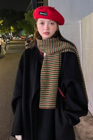Korean-Style Striped Knitted Wool Scarf for Winter 2025 - Versatile Fashionable Neck Warmer in College Style