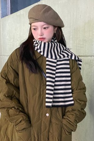 Korean-Style Striped Knitted Wool Scarf for Winter 2025 - Versatile Fashionable Neck Warmer in College Style