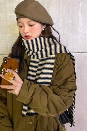 Korean-Style Striped Knitted Wool Scarf for Winter 2025 - Versatile Fashionable Neck Warmer in College Style
