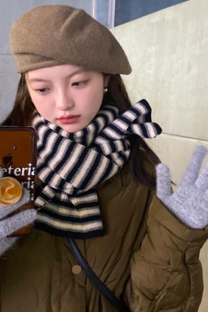 Korean-Style Striped Knitted Wool Scarf for Winter 2025 - Versatile Fashionable Neck Warmer in College Style