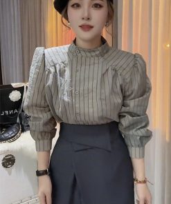 Korean Style Striped Long Sleeve Shirt for Women, Elegant Puff Sleeve Top, Versatile Autumn Fashion