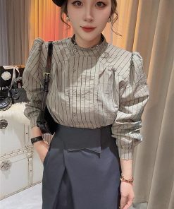 Korean Style Striped Long Sleeve Shirt for Women, Elegant Puff Sleeve Top, Versatile Autumn Fashion