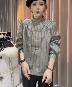 Korean Style Striped Long Sleeve Shirt for Women, Elegant Puff Sleeve Top, Versatile Autumn Fashion
