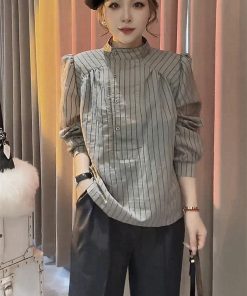 Korean Style Striped Long Sleeve Shirt for Women, Elegant Puff Sleeve Top, Versatile Autumn Fashion