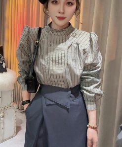 Korean Style Striped Long Sleeve Shirt for Women, Elegant Puff Sleeve Top, Versatile Autumn Fashion