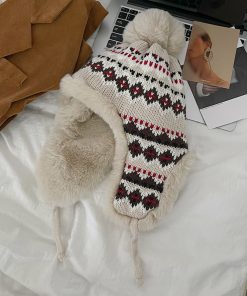 Korean Style Striped Plush Winter Hat for Women, Cold-Proof Cycling Cap with Ear Protection, Versatile Lei Feng Design 2025