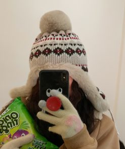 Korean Style Striped Plush Winter Hat for Women, Cold-Proof Cycling Cap with Ear Protection, Versatile Lei Feng Design 2025