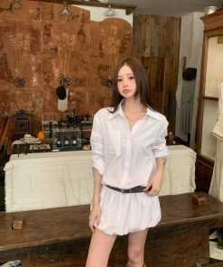 Korean Style Striped Shirt Dress with Floral Bud Short Skirt - Lightweight Sun Protection Outfit for Summer