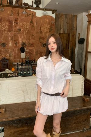 Korean Style Striped Shirt Dress with Floral Bud Short Skirt - Lightweight Sun Protection Outfit for Summer